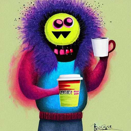 Image similar to portrait of a tennis ball monster holding a coffee, colorful, digital art, fantasy, magic, chalk, trending on artstation, ultra detailed, professional illustration by basil gogos