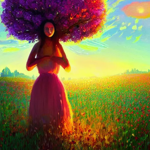 Image similar to girl with giant flower as a face and flower dress, standing in a flower field hills, big trees, sunrise dramatic light, impressionist painting, colorful clouds, digital painting, pointillism, artstation, simon stalenhag