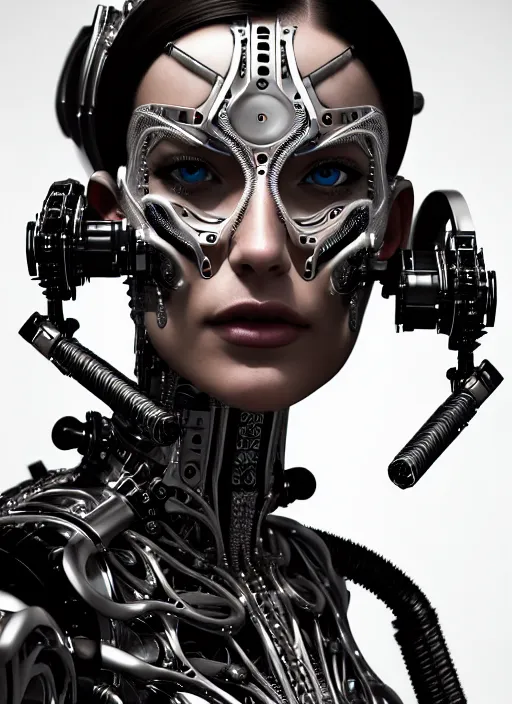 Image similar to a stunning young female cyborg profile face, face is made intricate tribal bio - mechanical, unreal engine, glamor shot, nikon d 7 5 0, closeup, f / 2. 8, low contrast, 1 6 k, rim lighting, optical fiber, cinematic lighting, insanely detailed and intricate, hypermaximalist, elegant, ornate, hyper realistic,
