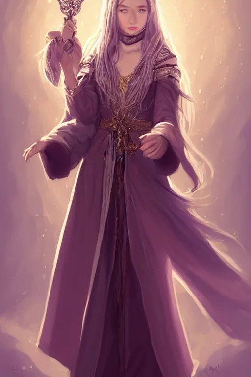 Image similar to portrait of a gorgeous young female wizard, looking at camera, D&D, choker on neck, stylish robe, mouth slightly open, cute slightly nerdy smile, very long flowing hair, intricate, elegant, stylish, fantasy, extremely detailed, digital painting, artstation, concept art, smooth, sharp focus, illustration, stunning lighting, art by artgerm and greg rutkowski and alphonse mucha and simon stalenhag