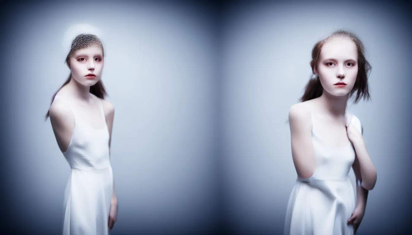 Image similar to photo portrait of a young woman dress in white, fine art photography light painting in style of Paolo Roversi, professional studio lighting, dramatic background lighting, hyper realistic photography,, motion blur 80 mm sigma art