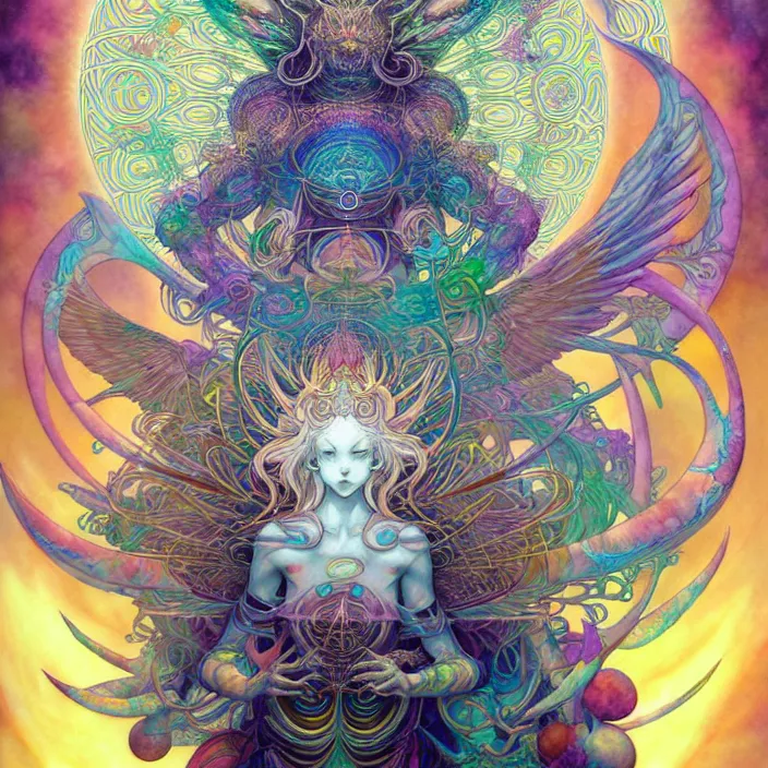 Image similar to psychedelic angelic big chungus by yoshitaka amano, and peter mohrbacher, ayahuasca, sacred geometry, esoteric art, watercolor