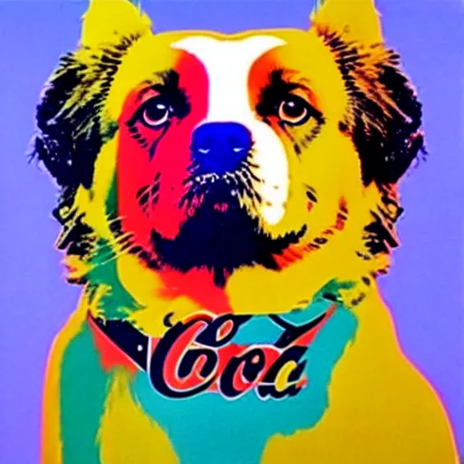 Image similar to coca cola dog tibetan spaniel, art by andy warhol