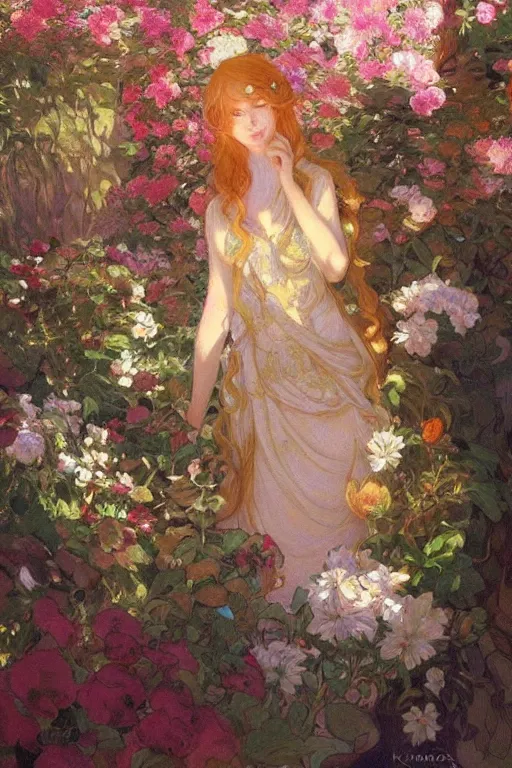 Image similar to a beautiful painting of a garden, ray of light, warm, shimmering and prismatic, rococo, by krenz cushart and mucha and monet, trending on artstation.