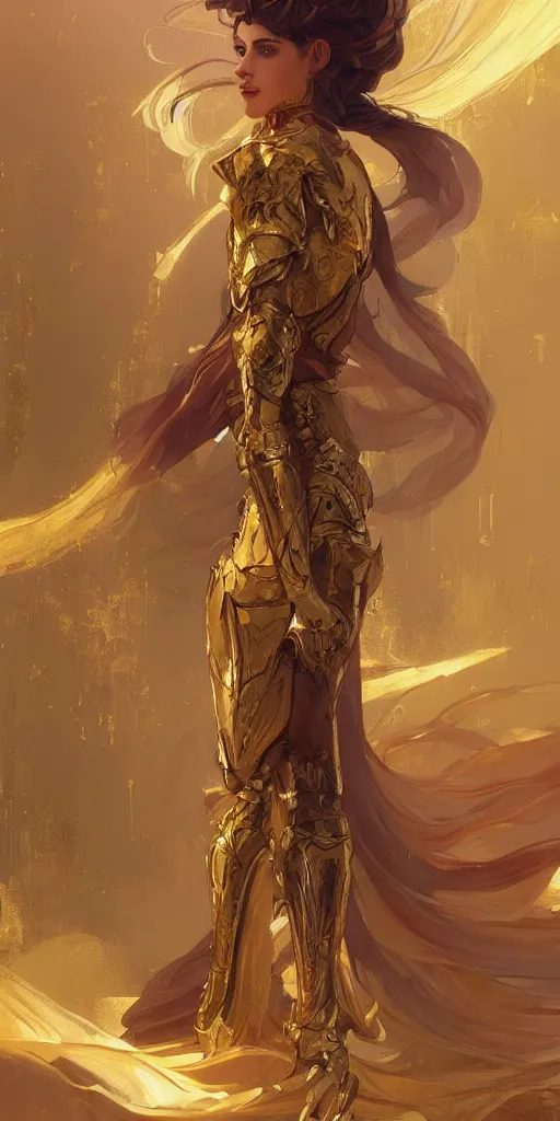 Image similar to a princess wearing a golden armor, full-body shot, digital painting, smooth, elegant, hd, art by WLOP and Artgerm and Greg Rutkowski and Alphonse Mucha