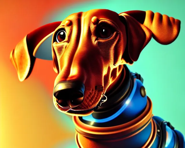 Image similar to head of a mechanical robotic dachshund, hyper - realistic, gta v cover art, celshading, sharp focus, intricate, detailed, rhads, andreas rocha, makoto shinkai, lois van baarle, ilya kuvshinov, greg rutkowski, dynamic lighting, grunge aesthetic, 4 k