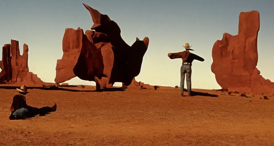 Image similar to film still showing cowboys looking at a gigantic abstract sculpture in the desert directed by Sergio Leone, western, monument valley, cinemascope, technicolor