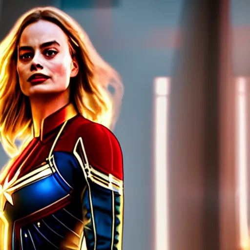 Image similar to Margot Robbie as real-life Captain Marvel, cinematic, Wide-shot, atmospheric lighting, directed by Quentin Tarantino, extreme detail, 8K, movie still