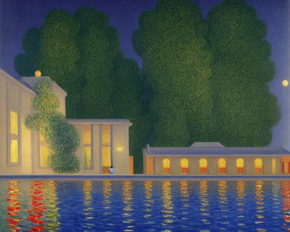 Image similar to achingly beautiful painting of a sophisticated, well - decorated pool house at night by rene magritte, monet, and turner.