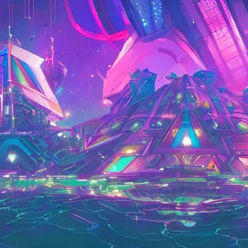 Image similar to an underwater city comprised of light built in the side of a giant robot trying to save the planet, set in the distant future, plants, light prisms, rainbow diffraction, steampunk, cyberpunk, warm lights, anime, vhs distortion, art style mimics starlight brigade by game grumps