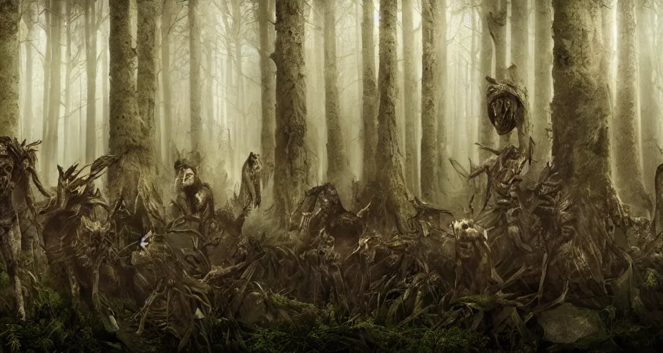 Image similar to an epic action photorealistic masterpiece of a group of werelions, in a forest made of nightmares, horrific digital art, extremely moody lighting, style of chippy
