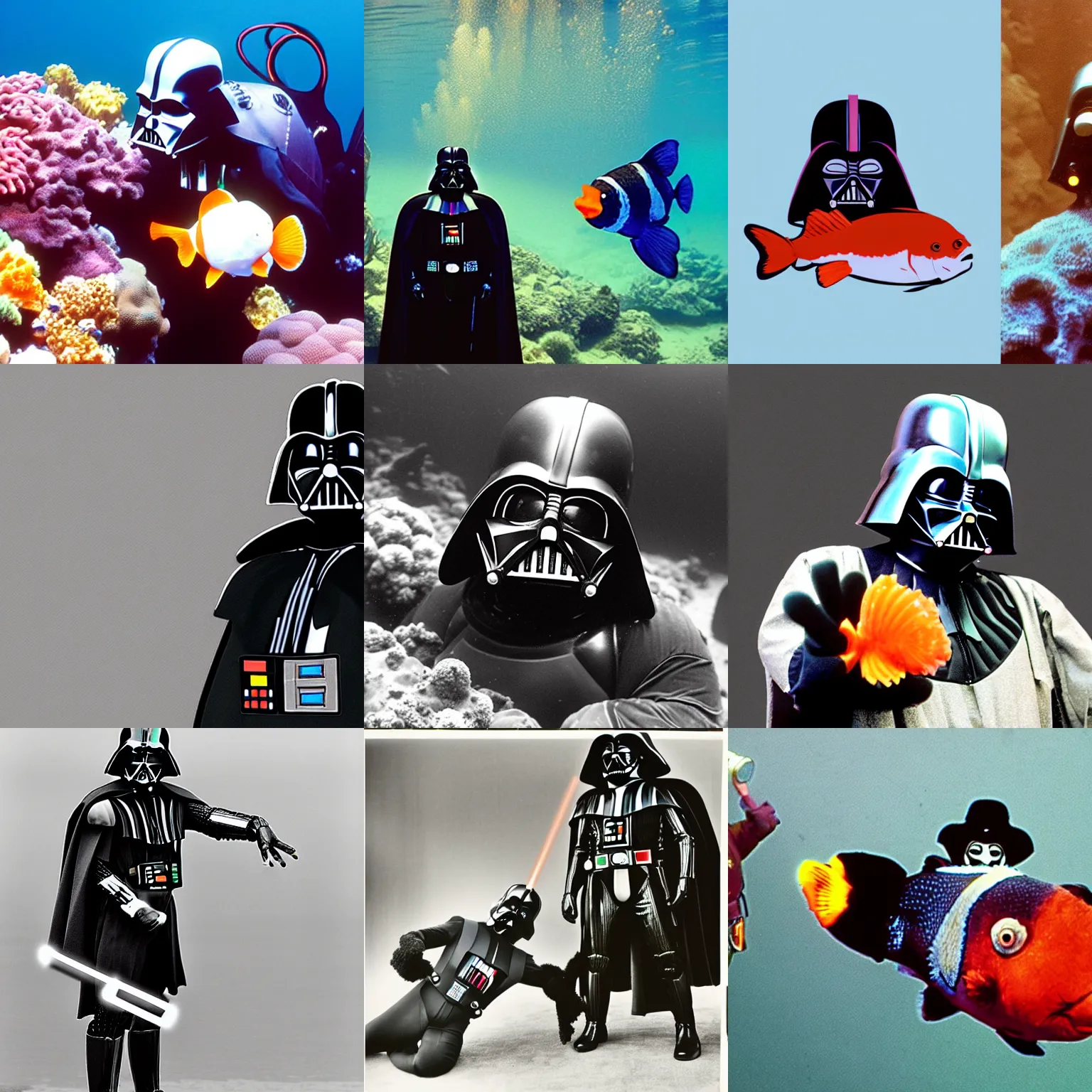 Prompt: Darth Vader as a deep sea diver, posing with a clown fish