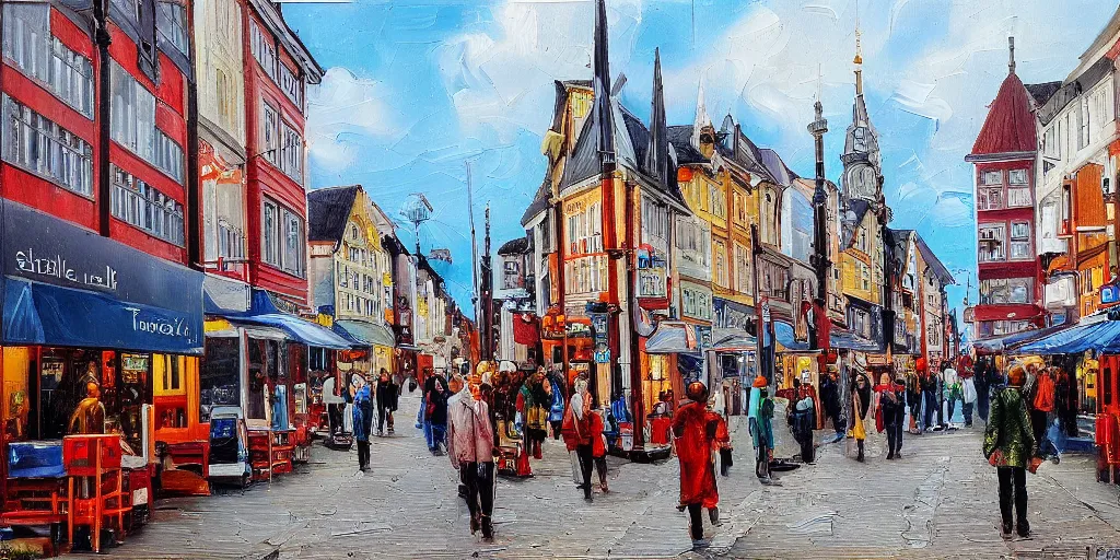 Image similar to Highly detailed oil painting of street life in stavanger by noon, strong atmosphere, oil painting masterpiece by Josep Tapiró Baró, symmetry, fractals