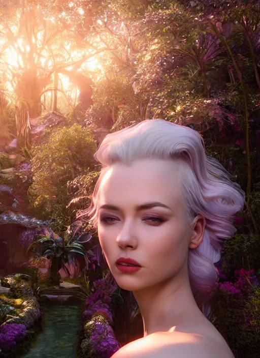 Image similar to beauteous sumptuous elegant woman in paradise garden, white pearlescent iridescent skin, with incredible iridescent pearlescent voluminous neon hair, crystalline masterpiece incrustations, hyperdetailed face, elegant pose, movie still, intricate, octane render, cinematic forest lighting, unreal engine, crepuscular rays, god rays