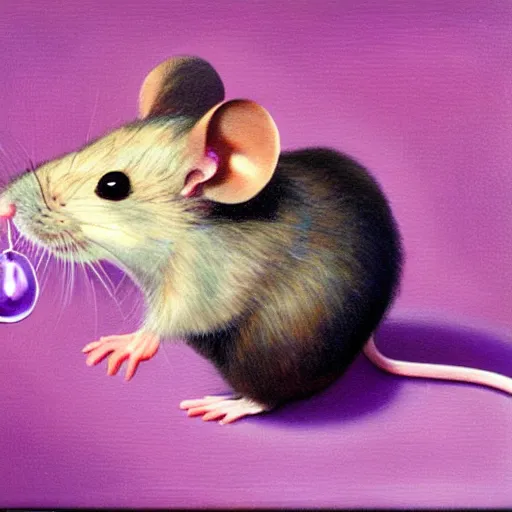 Image similar to mouse reaches for floating purple crystal, famous oil painting, award winning, 8k scan