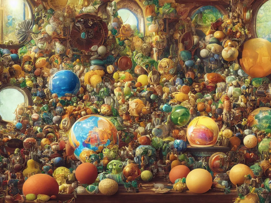 Image similar to 3 d render, sunlight study, the universe is a spheroid region 7 0 5 meters in diameter, art nouveau, by cornelis de heem and ( ( ( ( ( lisa frank ) ) ) ) ), 8 k, sharp focus, octane render