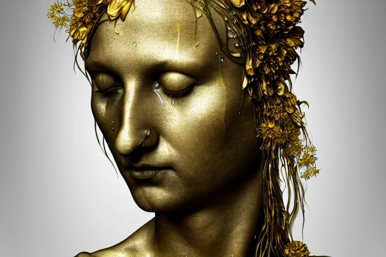 Image similar to a sculpture of a person with flowing golden tears, fractal plants and fractal flowers on the skin, a marble sculpture by nicola samori, behance, neo - expressionism, marble sculpture, apocalypse art, made of mist, octan render