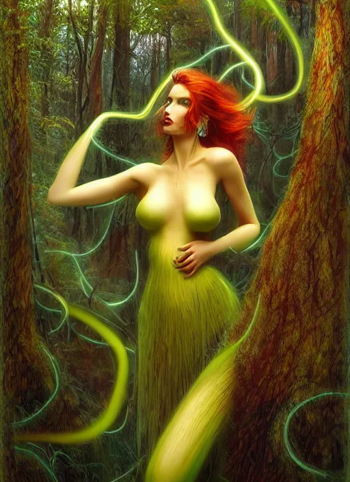 Image similar to junoesque curvaceous fey queen, vine dress, glowing forest, strong line, eerie color, beautiful! coherent! by mariusz lewandowski