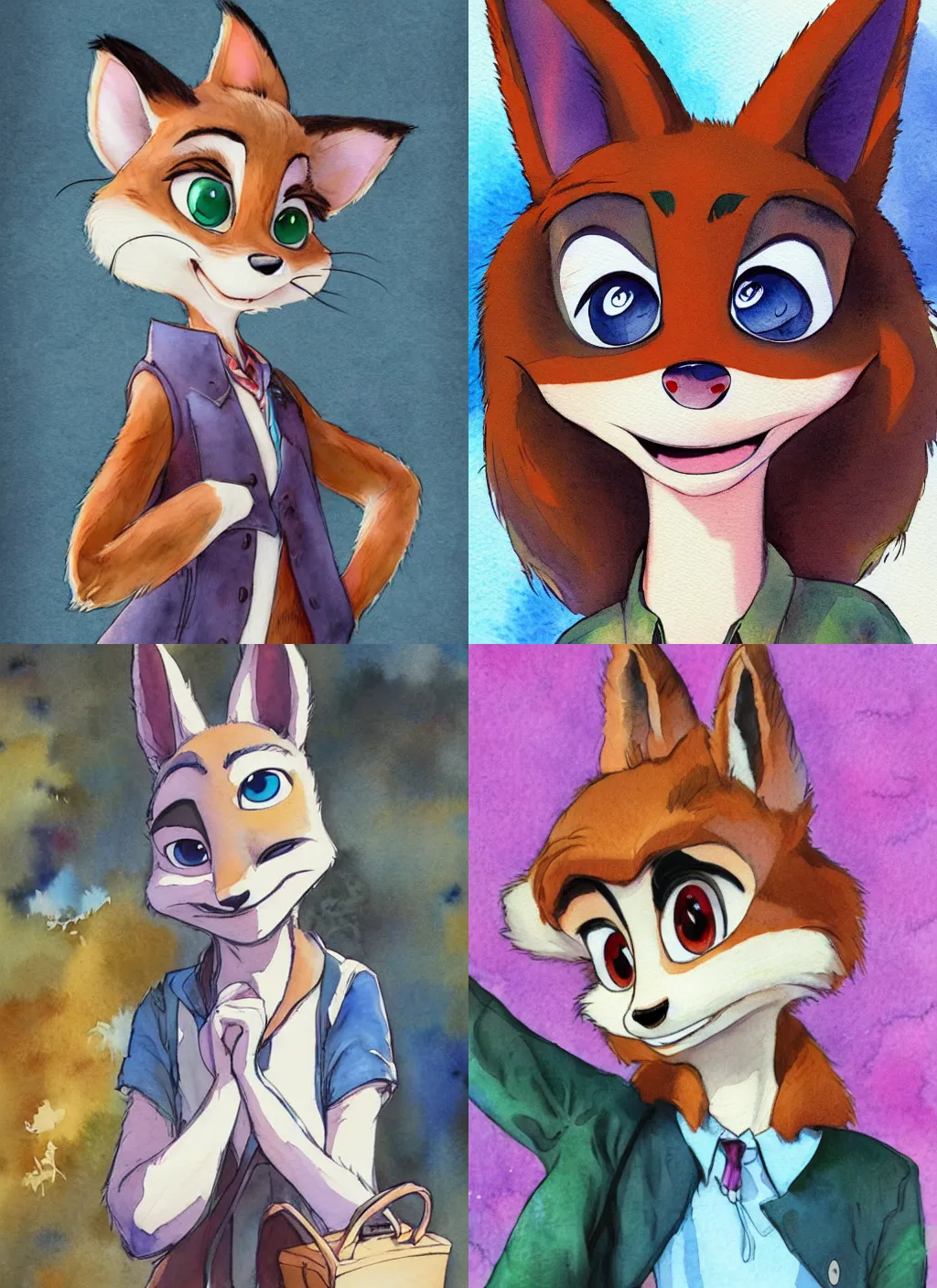 Prompt: Pixiv, Zootopia, Wonderful watercolor painting of Female Furry from the picture book.