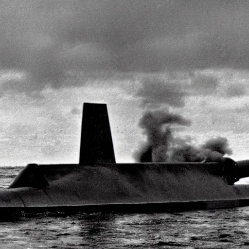 Image similar to a small evil rabbit launching nuclear warheads from a submarine grainy 3 5 mm photo