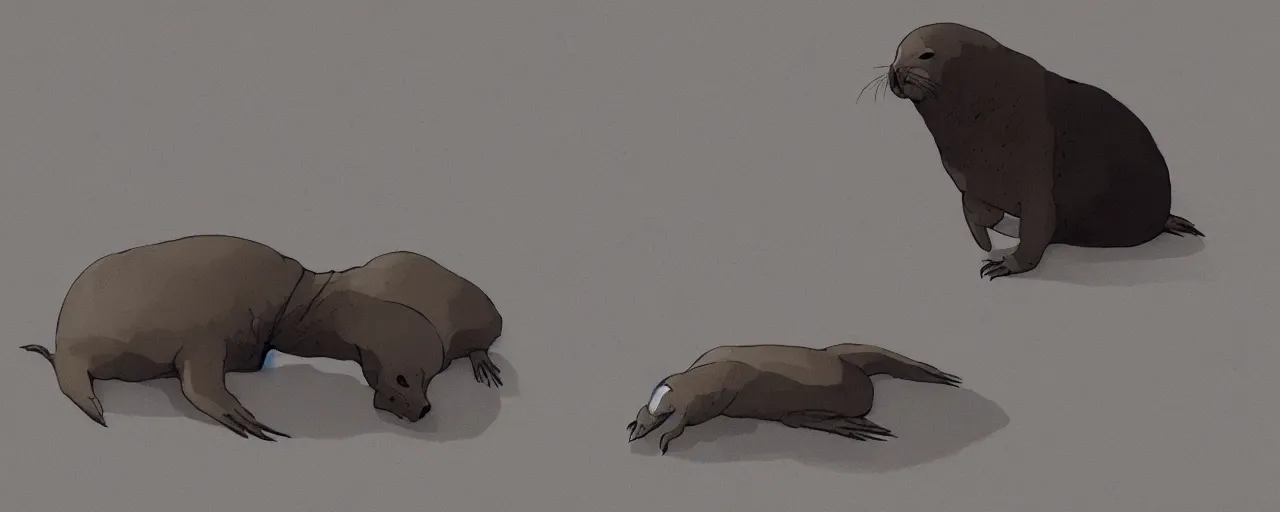 Image similar to seal bones and skull, in river mud, atey ghailan, goro fujita, studio ghibli, rim light, sad, very dark fading to black, clear focus, very coherent