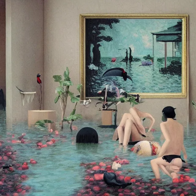 Image similar to tall female emo artists in their flooded apartment, painting of flood waters inside an artist's home, a river flooding indoors, pomegranates, pigs, ikebana, zen, water, octopus, river, rapids, waterfall, black swans, canoe, berries, acrylic on canvas, surrealist, by magritte and monet