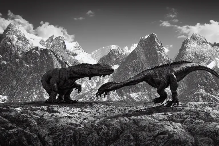 Prompt: tyrannosaurus rex large theropod dinosaur standing inside a valley, snowy peaks, in the style of ansel adams, black and white, old, master photography