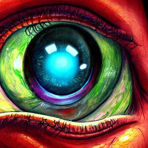 Image similar to photorealistic eye monster in the style of michael whelan. hyperdetailed photorealism, 1 0 8 megapixels, amazing depth, high resolution, 3 d shading, 3 d finalrender, 3 d cinematic lighting, glowing rich colors, psychedelic overtones, artstation concept art.