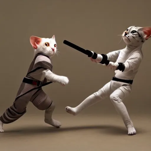 Prompt: jedi cats with human legs having lightsaber fight