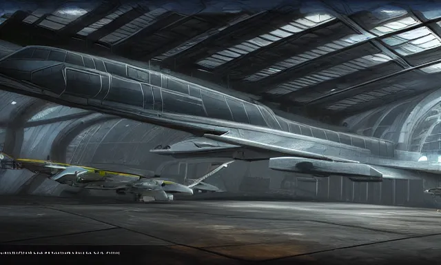 Prompt: matte painting, digital painting, high quality, unreal engine 5, a sci fi hangar