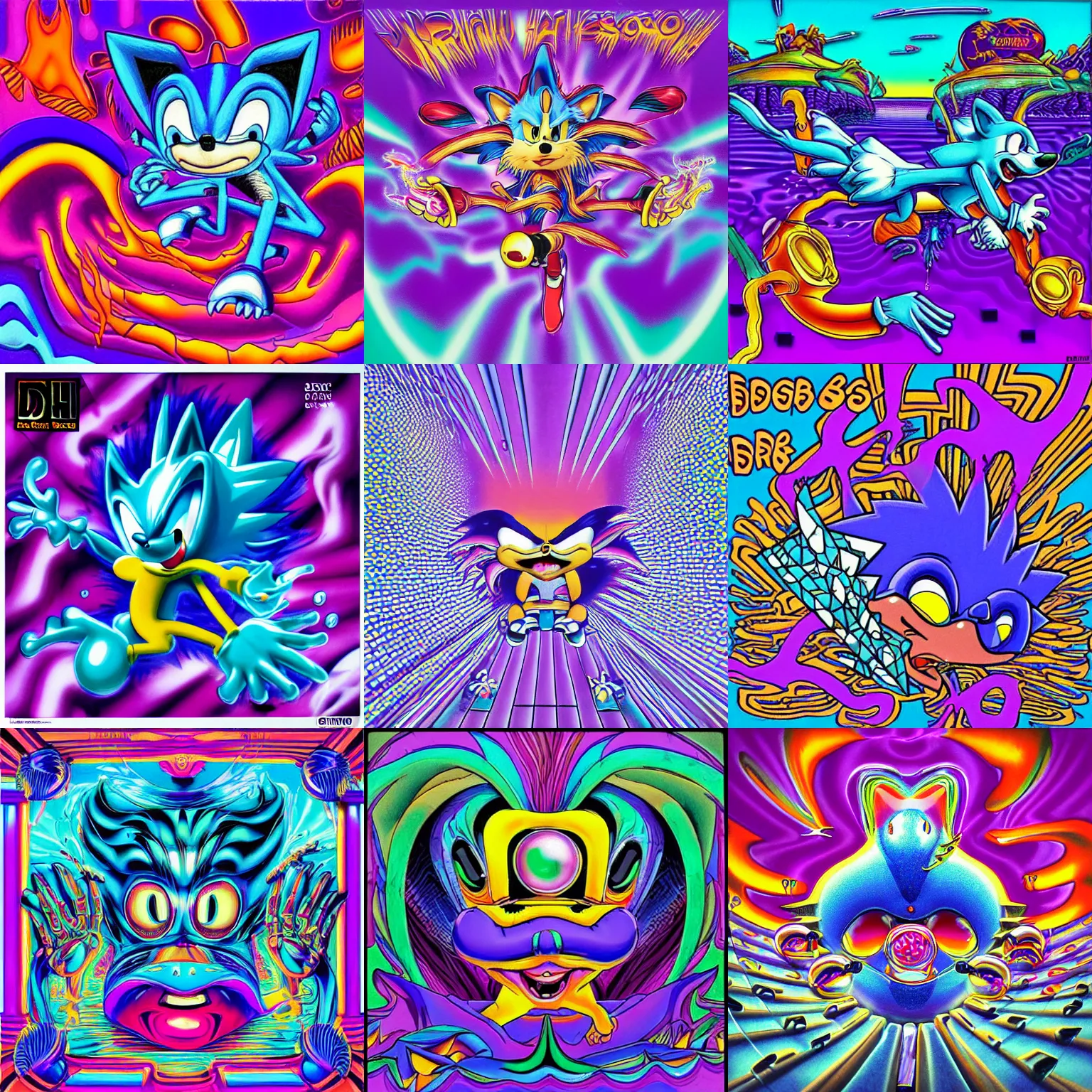 Prompt: surreal, sharp, lowbrow, detailed professional, high quality airbrush art MGMT album cover of a liquid dissolving LSD DMT blue sonic the hedgehog falling through a mirror ocean, purple checkerboard background, 1990s 1992 acid house techno Sega Genesis video game album cover