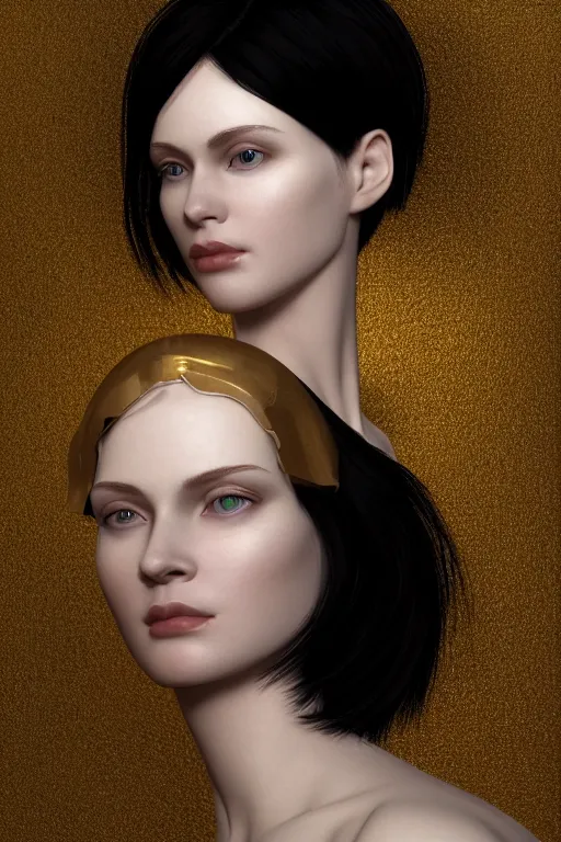 Image similar to Portrait of a beautiful pale skin Nordic female with short black hair, elegant, photorealistic, highly detailed, artstation, smooth, sharp focus, gold ornaments, neon lighting, sci-fi, art by Klimt.