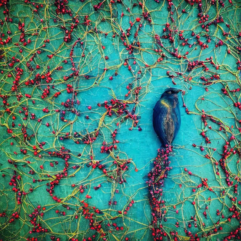 Image similar to human with the sea and the forest inside, veins diverge through the body like rivers filmed on a satellite, a person is decorated with wild berries, a beautiful bird is looking at him next, colorful picture