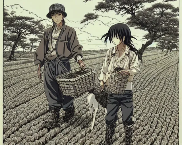 Image similar to Highly detailed and intricate ink drawing of an anime farmer tending to his crops with a pack animal || VERY VERY ANIME!!!, fine-face, realistic shaded perfect face, fine details. Anime. realistic shaded lighting poster by katsuhiro otomo, ghost-in-the-shell, ayami kojima