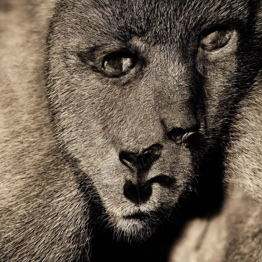 Prompt: the face of a mammal, portrait, photography, amazing shadows