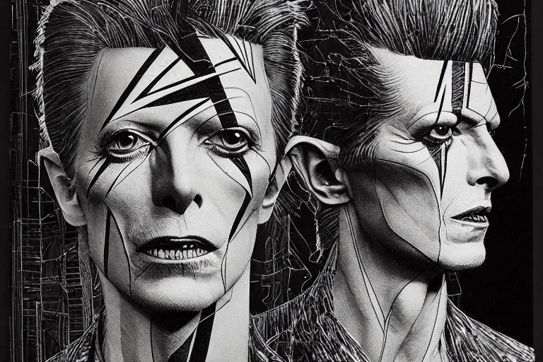 Image similar to david bowie aladdin sane by ed fairburn, joseph clement coll, franklin booth