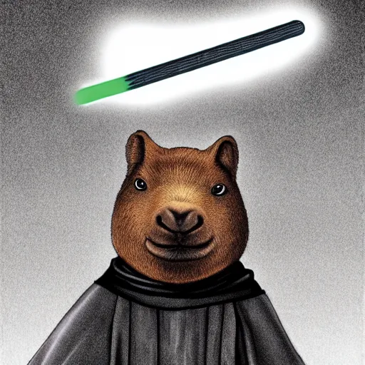 Prompt: an illustration of a capybara wearing a sith robe and holding a lightsaber, Digital art