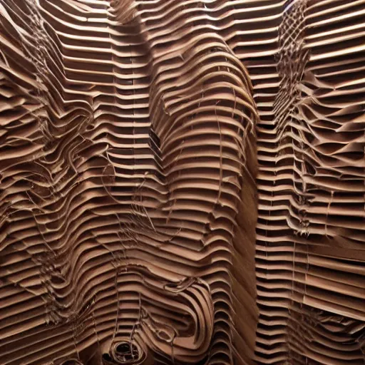 Image similar to tentacles made of brown corrugated cardboard, cut out of cardboard, realistic photography, fantasy