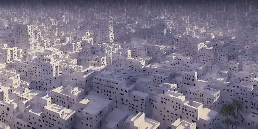 Image similar to Moroccan city, white buildings, by Leon Tukker, Makoto Kobayashi, synthetic light, people on the streets, utopia, perfect, futuristic, 8k high detail, masterpiece, trending on ArtStation