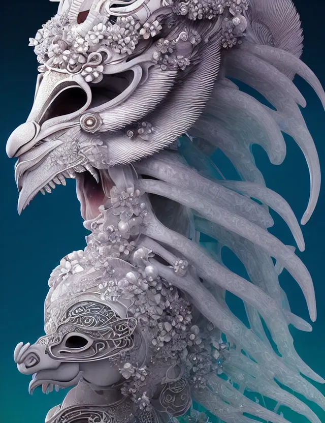 Image similar to 3 d goddess close - up profile portrait biomechanics with ram skull. beautiful intricately detailed japanese crow kitsune mask and clasical japanese kimono. betta fish, jellyfish phoenix, bio luminescent, plasma, ice, water, wind, creature, artwork by tooth wu and wlop and beeple and greg rutkowski