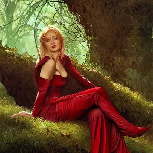 Image similar to portrait of a woman resting on large tree, skimpy dark red clothing, blonde hair, green lines, sharp focus, intricate, cinematic lighting, smooth, ultra realistic illustration, high fantasy, elegant, by artgerm, greg rutkowski, alphonse mucha magali villeneuve