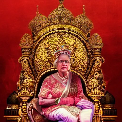 Image similar to the queen of india sitting on a throne, moody atmosphere, digital art, highly detailed, high contrast, beautiful lighting, award winning, trending on art station, photorealistic, 8 k,