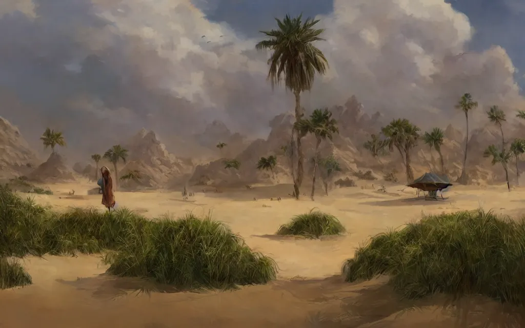 Image similar to arabian village, sand, lush vegetation, dune, sharp focus, wide shot, trending on artstation, masterpiece, by greg rutkowski, by ross tran, by fenghua zhong, octane, soft render, oil on canvas, colorful, cinematic, environmental concept art