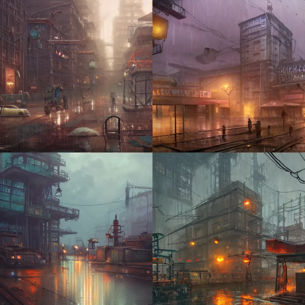 Image similar to a highly detailed matte painting of a soviet steampunk industrial zone in lightning storm and heavy rain by studio ghibli, makoto shinkai, by artgerm, by wlop, by greg rutkowski, volumetric lighting, octane render, 4 k resolution, trending on artstation, masterpiece