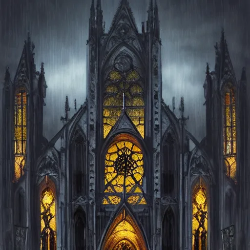 Image similar to Gothic cathedral in stormy night, rain, thunder, digital painting, concept art, artstation, 4k, by Imoko, Miho Hirano, and Hayao Miyazaki