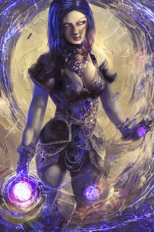 Image similar to Path of Exile, Maven, blue eyes female image with silver purple hair among colourful lights, dark blue spheres fly around, Anachronism, painting, dark fantasy, steampunk, 4k