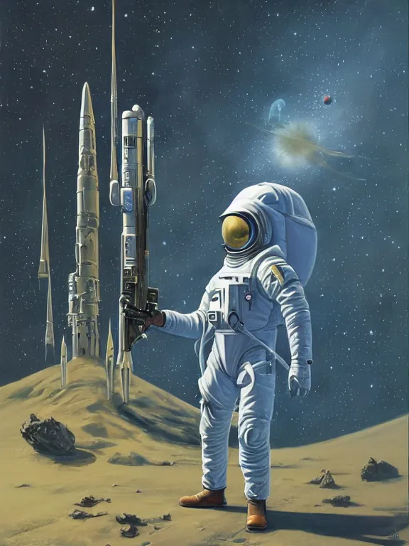 Image similar to a painting of a spaceman holding a rifle, concept art by michael whelan, tim white and vincent di fate, featured on deviantart, space art, concept art, sci - fi, cosmic horror