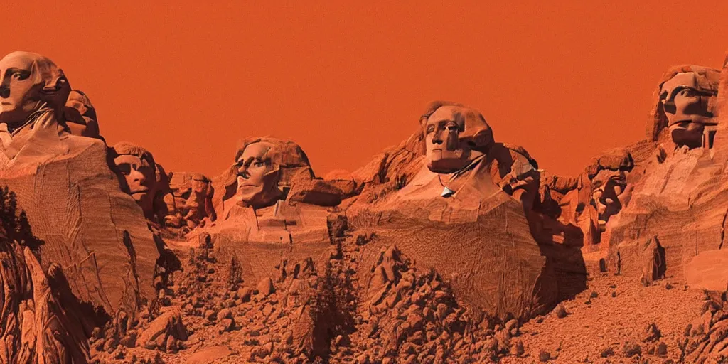 Prompt: statues of queens and empresses carved into a red mountain range on mars, sci - fi, landscape, mount rushmore