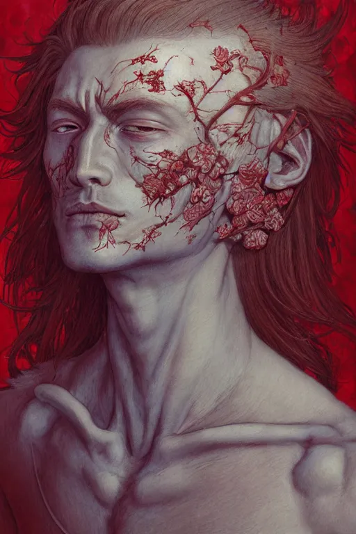 Image similar to portrait of beautiful young man, warhammer, japanic style, cyberpunk, a lot of scars, more and more flowers, red head, the middle ages, highly detailed, artstation, illustration, art by jean delville, 8 k quality