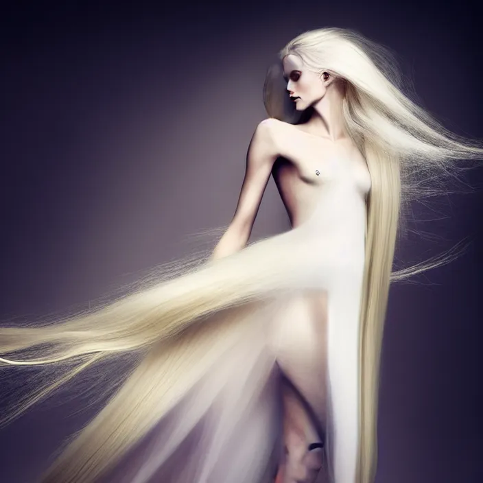 Image similar to a beautiful woman with long voluming blond hair dressed in long white, fine art photography light painting by Paolo Roversi, professional studio lighting, volumetric lighting, dark colors scheme background, hyper realistic photography, in style of vogue fashion magazine style